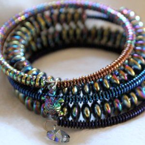 Black Iris Beaded Memory Wire Wrist Wrap Cuff Bracelet